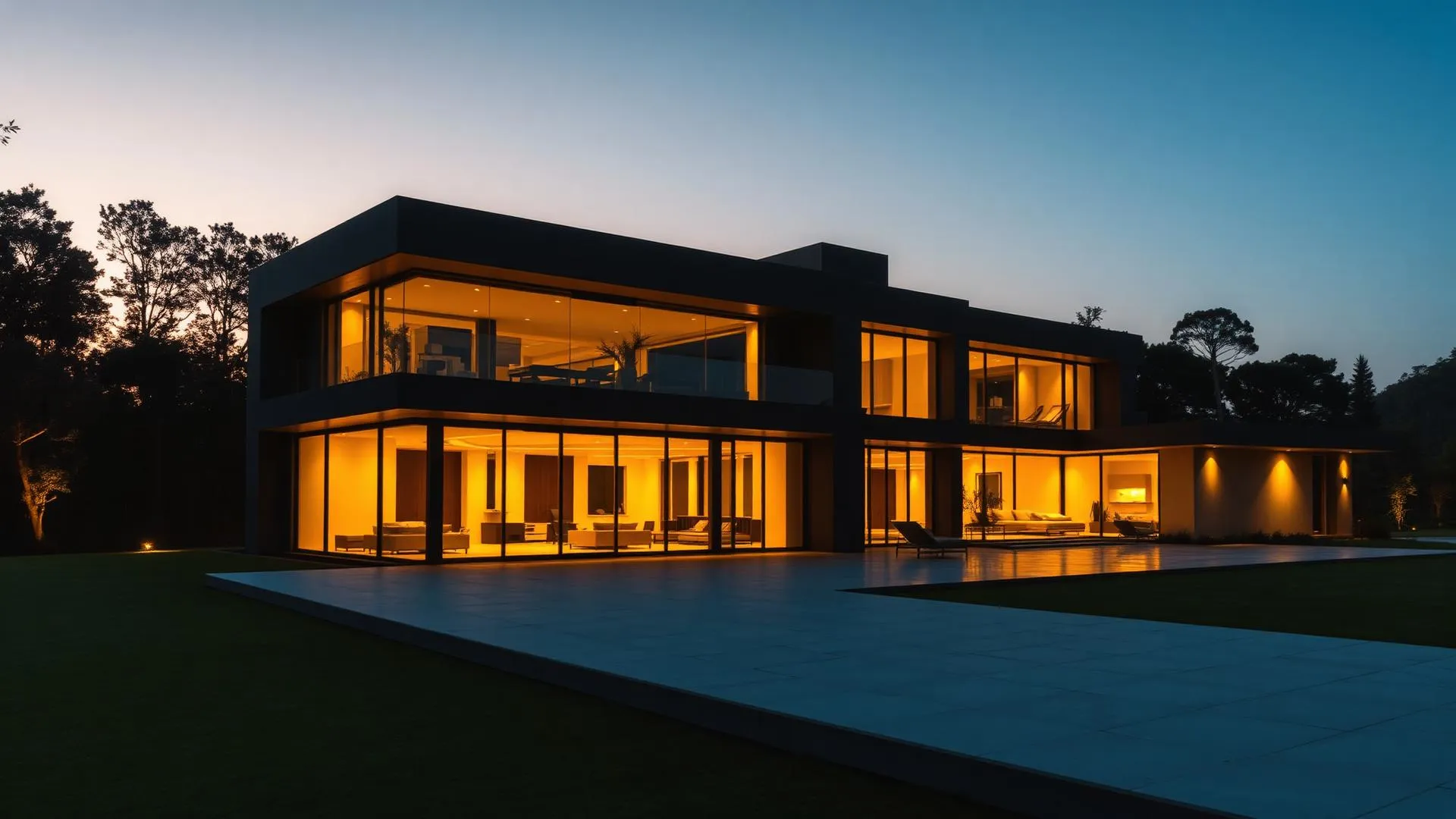 Luxury modern home at dusk with warm glowing windows
